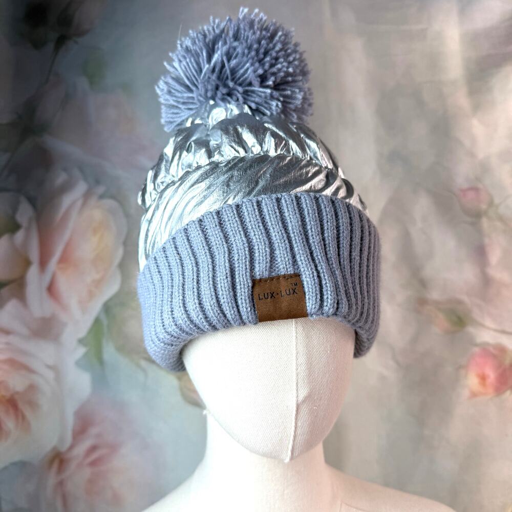 Lux-Lux Silver Metallic Puffer Knit Pom Pom Winter Hat